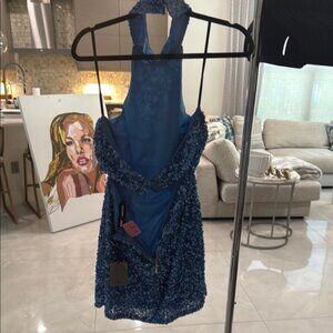 Naven Blue Sequin Halter Cocktail Dress